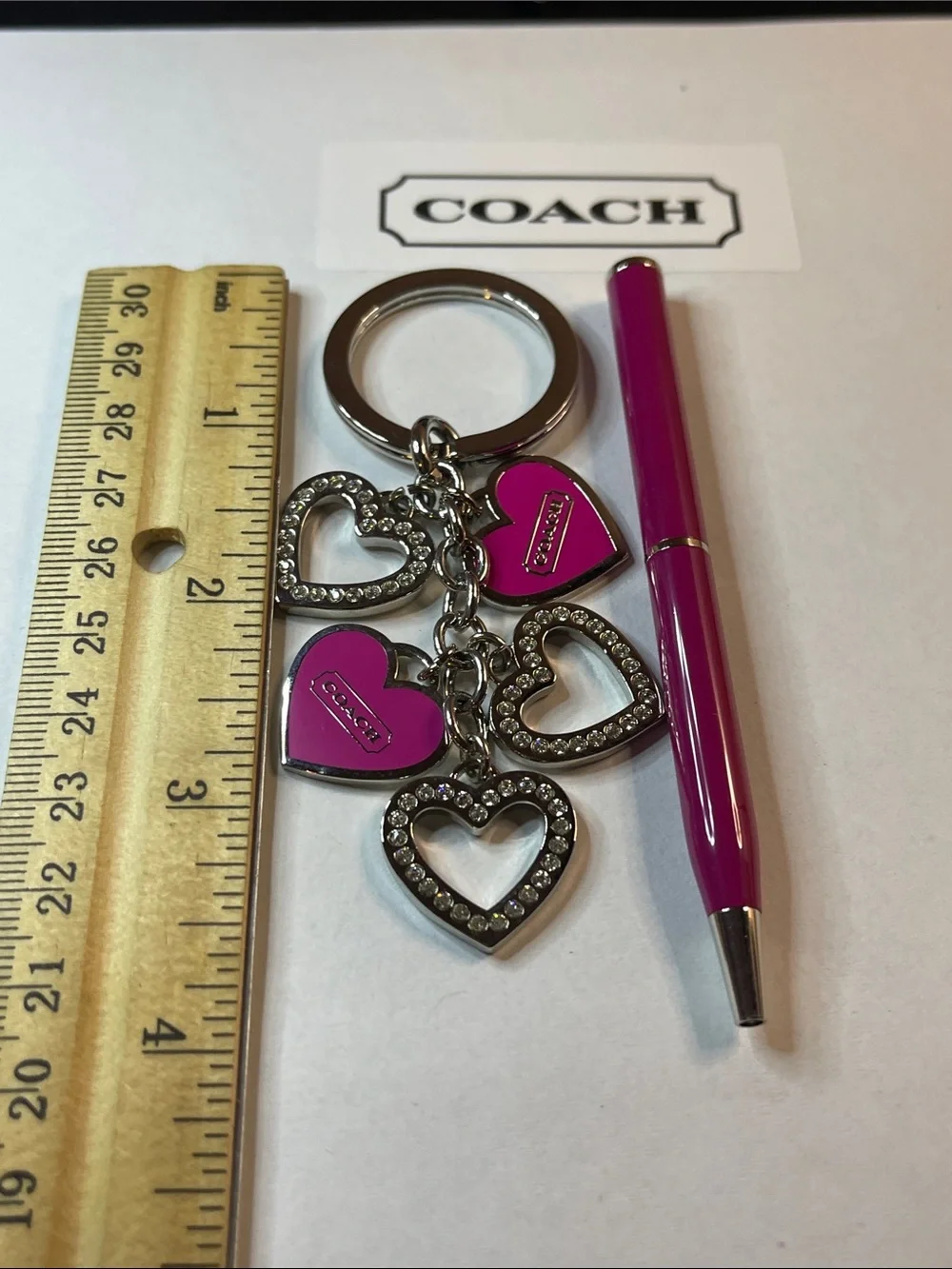 Coach Fuchsia Heart Dangle Keyring with Crystal Accents and Coach Pen